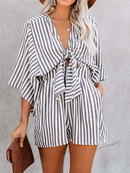 Jumpsuit With Stripe Pattern And Seven-quarter Sleeves, And Inserted Pockets